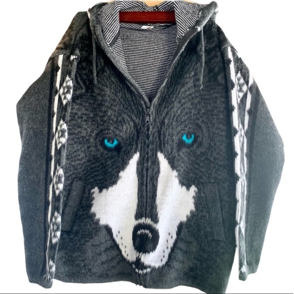 Handmade in Ecuador Wool Wolf Hooded Jacket Zip Coat 46 XL - Picture 11 of 11